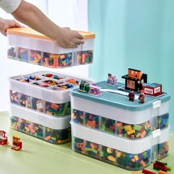2 Réteg Gyerekek építőelemei Tároló Doboz Állítható Lego-Kompatibilis Tároló Tartály Műanyag fogantyúval Rács Játék Szervezője
