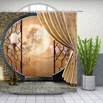 3D Klasszikus Kínai Építészet zuhanyfüggöny Kivájt Ablak Design Telihold Vízálló Fürdőszoba Függöny Fürdő Képernyők,