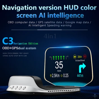 C1 OBD2 HUD Autó Head Up Display + GPS Navigáció Digitális sebességmérő Műszer HUD Víz Hőmérséklete Feszültség Projektor fordulatszám-túllépés Figyelmeztetés