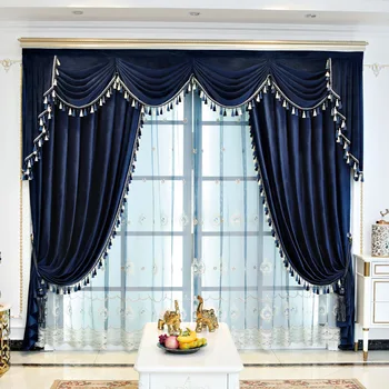 Egyéni függöny luxus Amerikai matt velvet nappali, hálószoba villa kék ruhával blackout függöny tulle valance kendő C1432