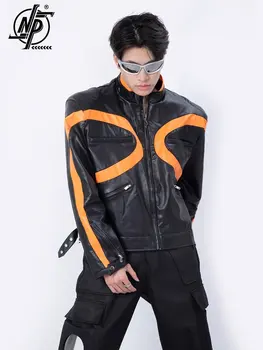 Eredeti PU Bőr Kabát Férfi nehézipar Fém Cipzár Design Motorkerékpár Bomber Dzseki Retro Patchwork Bőr Kabát