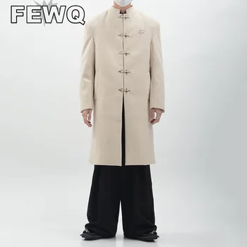 FEWQ Vintage Hosszú Kabát Új Kínai Stílusú Férfi Kabátok, Trench Niche Design Fém Gomb a válltömés Férfi Felsőruházat Őszi 24B3306