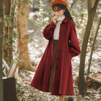 Francia Vintage Gyapjú Kabát Női Piros Kabátosok koreai egysoros Divat Alkalmi Kabát Hölgy Retro Közepes Hosszúságú Kabátok