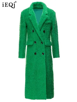 IEQJ 2023 Ősszel, Télen Gyapjú keverék Zöld Kabátban, Női Hosszú Ujjú Zseb Dupla Soros Vintage Hosszú Outwear 3WQ7484