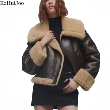 Kohuijoo Európai 2023 Megvastagodott Meleg Shearling Túlméretes Női Bunda Új Téli PU Bőr Laza Cipzár Motoros Kabát