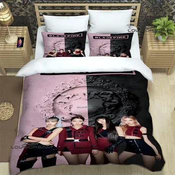 Koreai idol csoport fekete-rózsaszín nyomott Ágynemű Szettek tökéletes ágy készletek beállítása paplanhuzat ágy, paplan ágyneműgarnitúra szett luxus