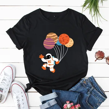 Laza Plus Size Női Felsők Kawaii Űrhajós Léggömb Minta Divat Trendi Női Pamut Kerek Nyakú, Rövid Ujjú T-shirt