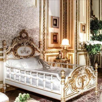 palota tömör fa ágy, hálószoba bútor, 1,8 m esküvő ágy faragott olasz luxus festett dupla hercegnő ágy