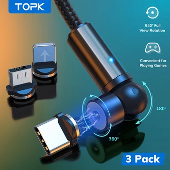 TOPK AM68 3 Csomag 540 Forgatás Mágneses Kábel Micro-USB-C Típusú Kábel Mágneses Töltés Töltő Kábel iPhone XR 8 11 Xiaomi