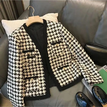 V-Nyak Steppelt Kabát Vintage Gyapjú & Keverékek Téli Kabát Női Chaquetas Para Mujer Fekete Houndstooth Minta Kabát Női Femme