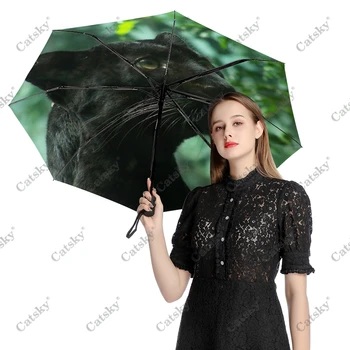 Állat - Fekete Párduc Esernyő Eső Nők 3-Összecsukható Teljesen Automata Esernyő Nap Elleni Védelem Kültéri Utazási Eszköz Parapluie