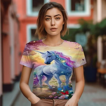 Új 3D-s Egyszarvú Nyomtatási Minta T -shirt pólók Nyáron Napi Kopasz Hölgy Túlméretezett póló, Utcai Divat Alkalmi póló